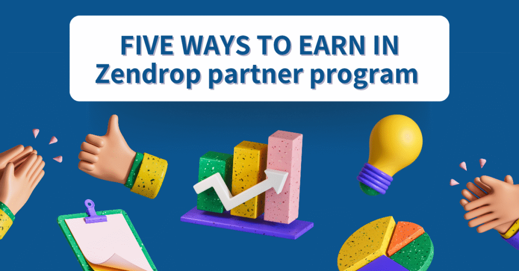 Illustration of the Zendrop Affiliate Program showing a dashboard with $25 commission, people promoting referral links, and e-commerce icons like packages and carts.